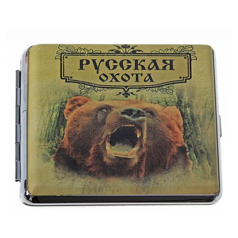 Портсигар "Русская охота" металл+кожзам